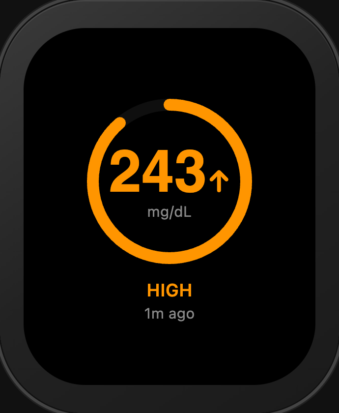 LinkLoop Watch showing high glucose