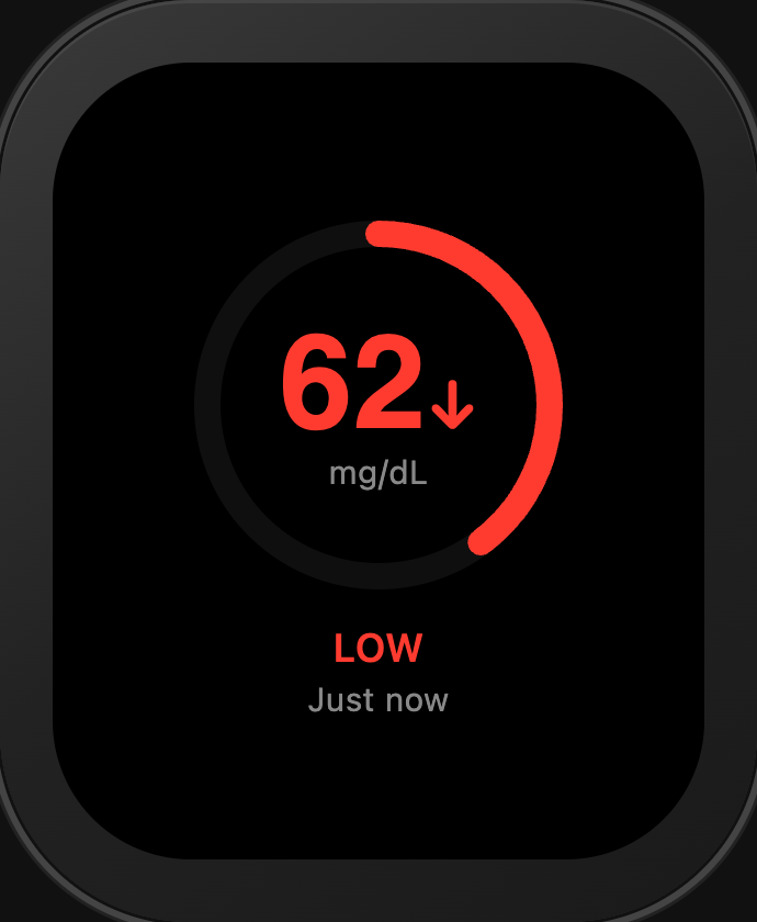 LinkLoop Watch showing low glucose